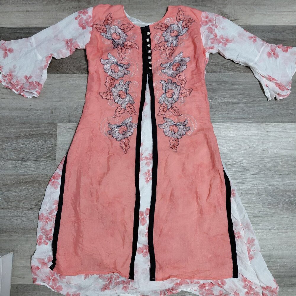 Medium Midi Tunic Shirt Dress Paisley Pattern Coral/Gold, Blue Kurta Style Women